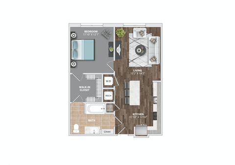 Floor plan for 1 bed, 1 bath, 733 sqft